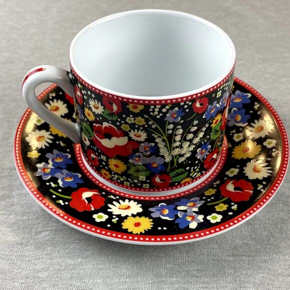 Vera Bradley Poppy Fields Teacup Cup and Saucer Black Red Floral Porcelain - Picture 1 of 6